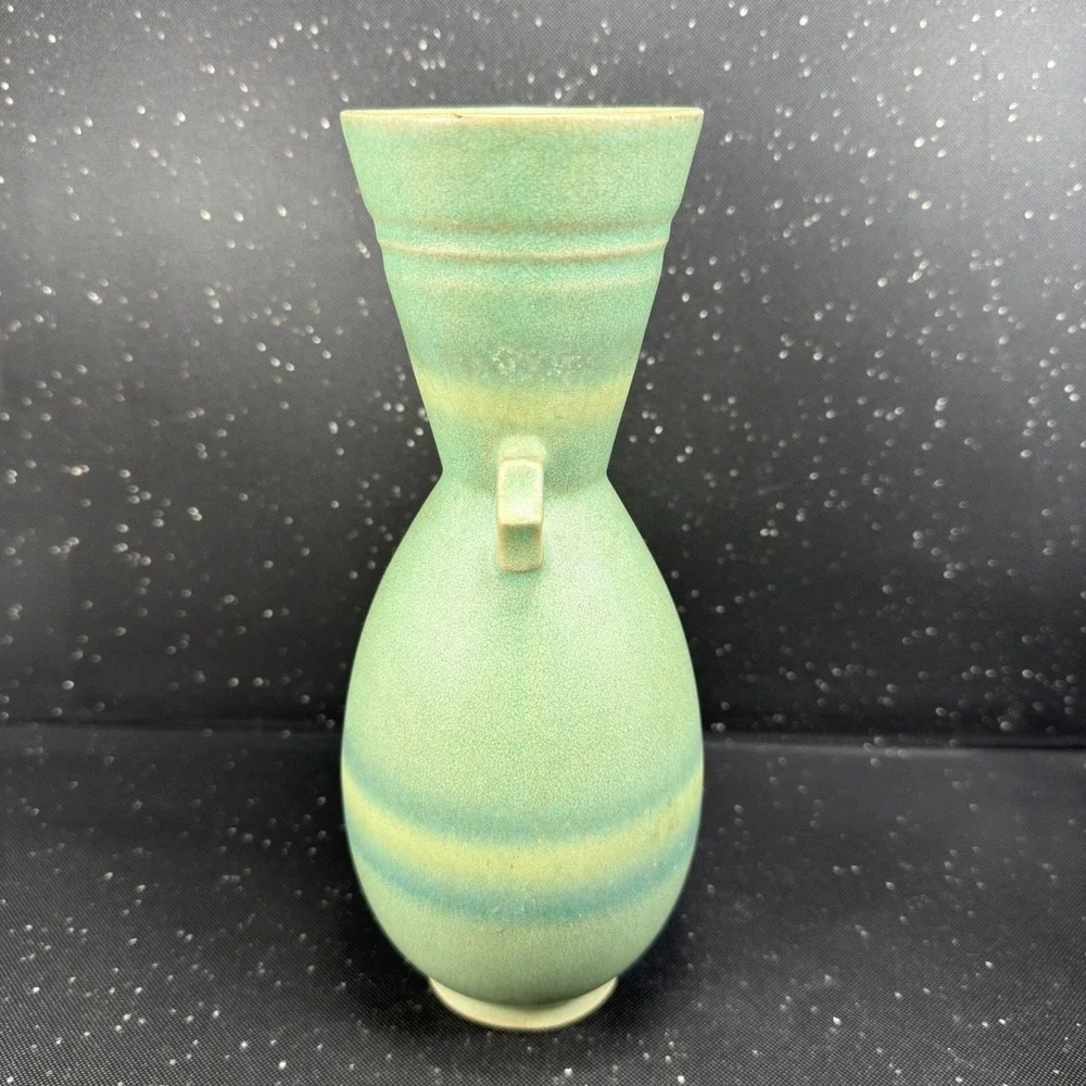 Vintage Matte Green Art Pottery Double Handle Amphora Vase 9 Inch Sage Seafoam